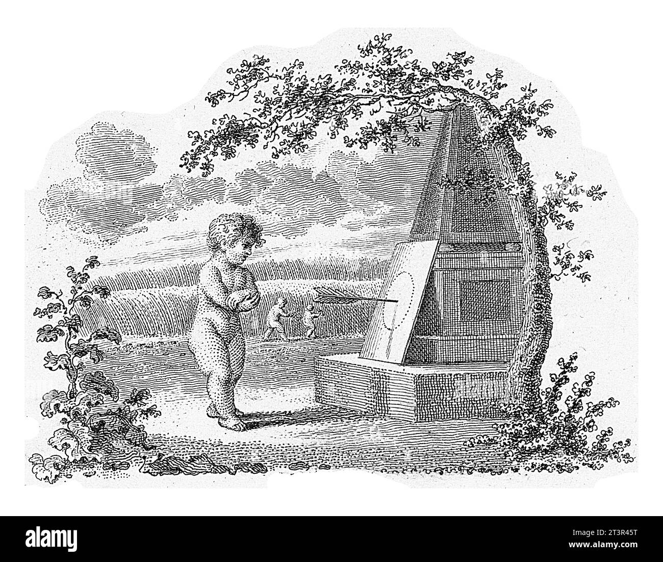 Putto schaut auf einen Pfeil im Stier-Auge eines Ziels, Reinier Vinkeles (I), 1751 - 1816, mit Vintage-Gravur. Stockfoto