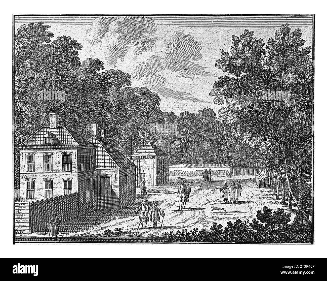 Forster's House of Honselaarsdijk Palace, Carel Allard (zugeschrieben), 1689–1702 Eine Straße mit Wanderern im Wald, links ein Haus und ein hays Stockfoto