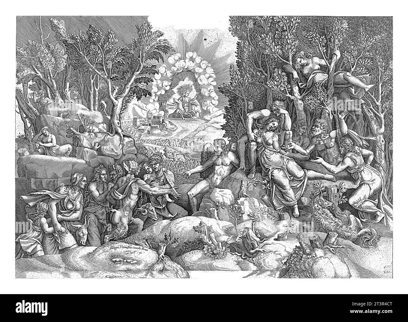 Cephalus und die Waldgötter beklagen den Tod von Procris, Giorgio Ghisi, nach Giulio Romano, 1530 - 1582 Cephalus sitzt in einer Landschaft mit dem Körper o Stockfoto
