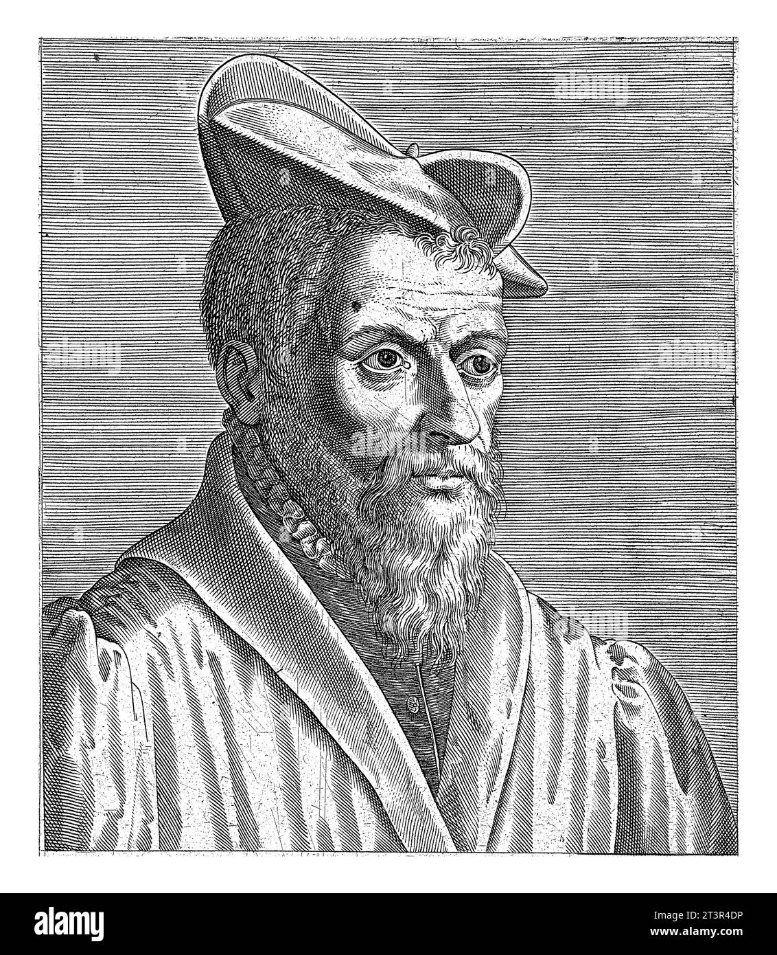 Porträt von Pierre Belon, Philips Galle, 1587 - 1606 Porträt von Pierre Belon, einem berühmten französischen Physiker. Nach rechts. Stockfoto