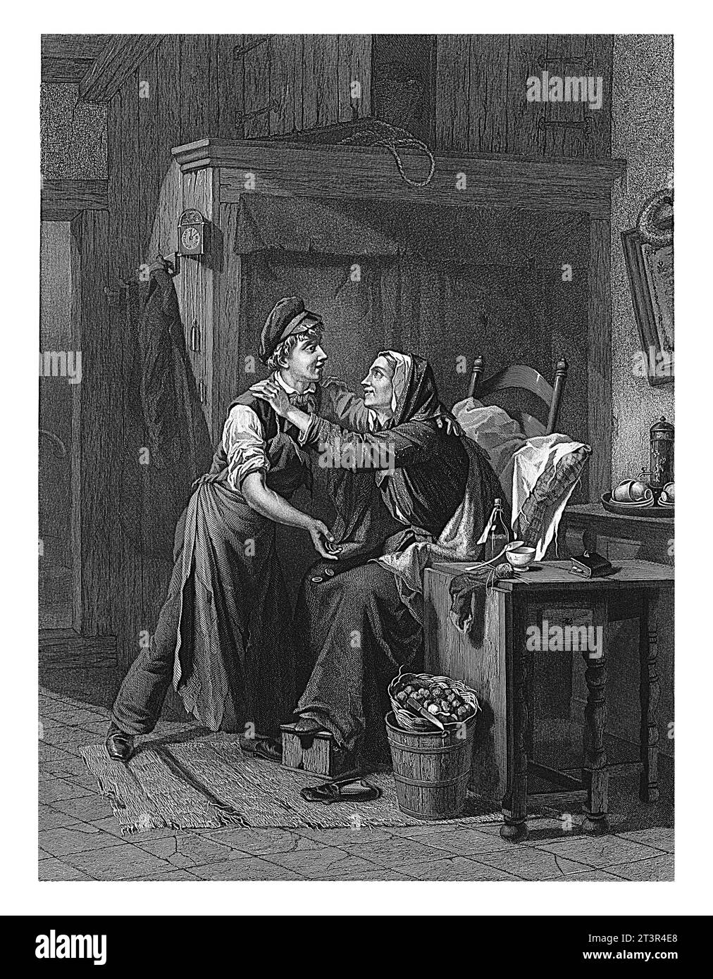 Ein junger Mann zeigt eine Handvoll Münzen einer sitzenden Frau, Hendrik D. Jzn Sluyter, nach Moritz Calisch, 1865–1879, in einem Bauerninnenraum, einer älteren Frau Stockfoto