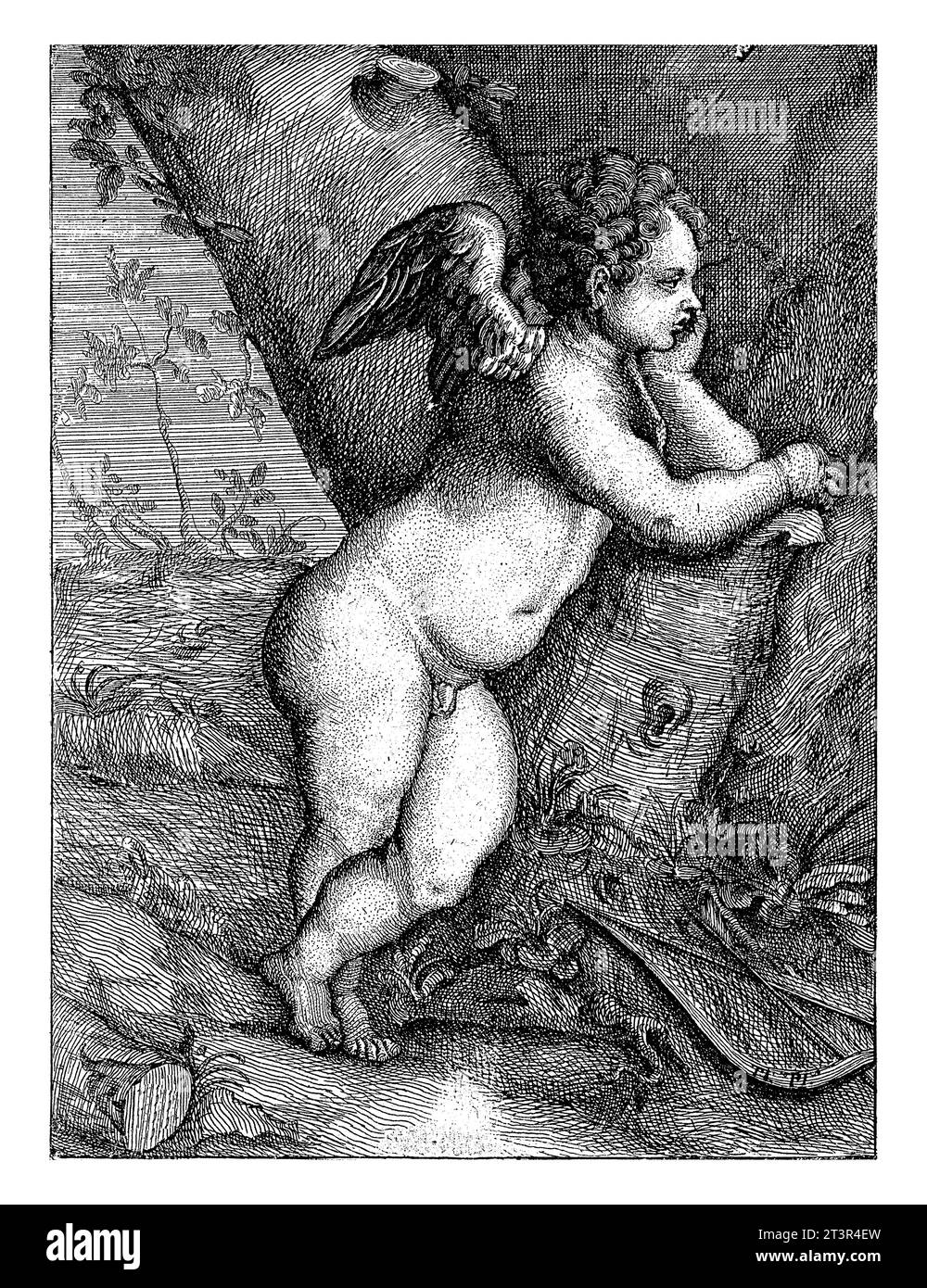Amor mit einem Baumstamm, Paulus Moreelse, nach Tizian, 1581–1638 Amor lehnt sich mit der Hand unter dem Gesicht an einen Baumstamm. Stockfoto