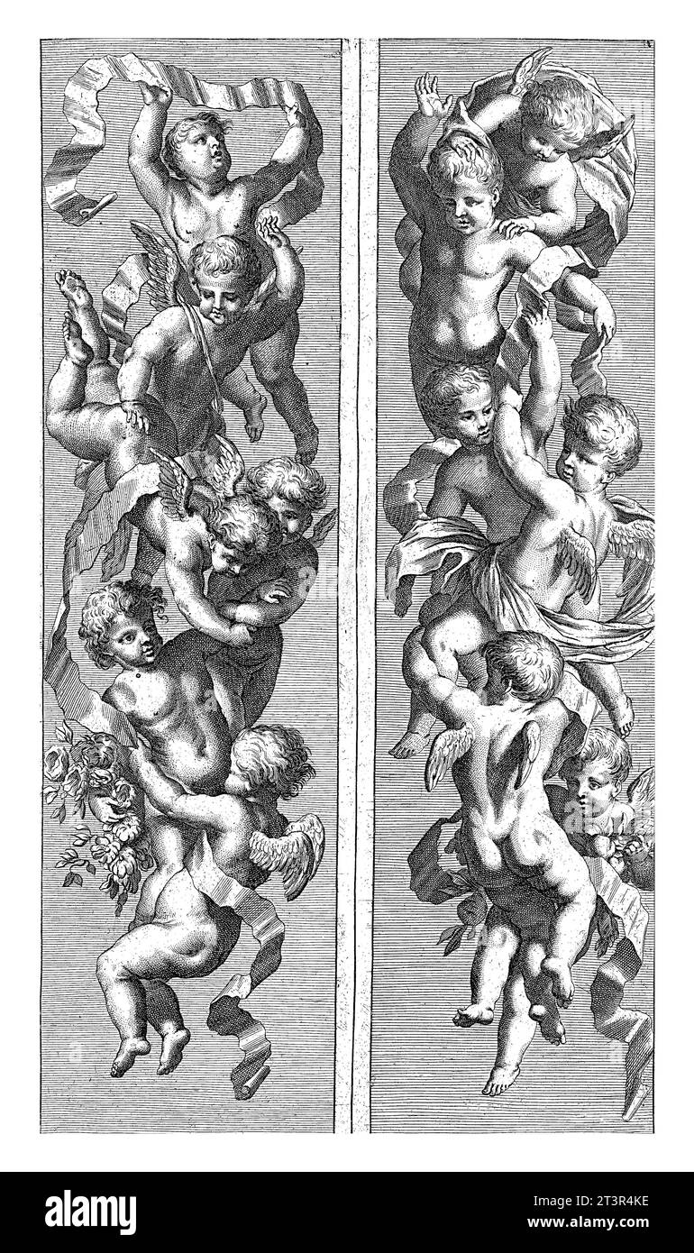 Zwei Trophäen mit Putti, Louis Testelin, 1663 - vor 1724 besteht jede Trophäe aus sechs Putten. Blatt 11 aus einer Serie von 6 Blättern mit umgekehrter Seite G Stockfoto