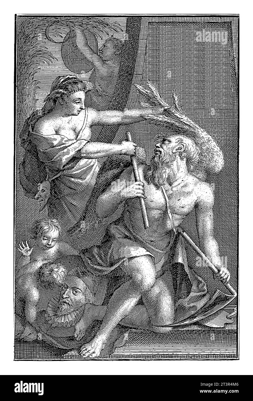 Vaterzeit, Jacob Houbraken, 1753 Vaterzeit, mit einer gebrochenen Sense in den Händen, wird von einem allegorischen weiblichen f von den Flügeln ergriffen Stockfoto