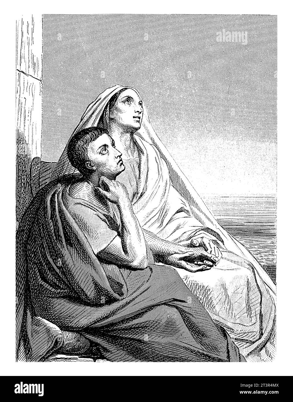 Mann und Frau am Meer, Dirk Jurriaan Sluyter, 1826 - 1886 Mann und Frau in römischer Kleidung sitzen auf einer Bank vor einem Gebäude. Stockfoto