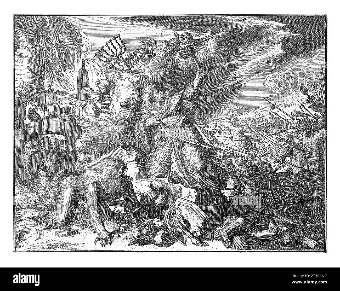 Mann in Mantel gewickelt wird von Reitern angegriffen, Romeyn de Hooghe, 1655 - 1708 Mann mit Mantel und Turban wird von Reitern angegriffen. In der Luft Putti mit c Stockfoto