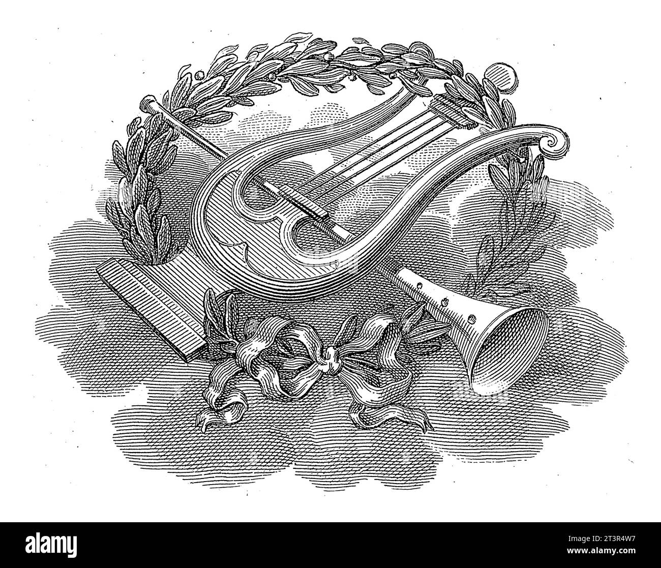 Leier, Trompete und Lorbeerkranz, Philippus Velijn, 1834, Vintage-Gravur. Stockfoto