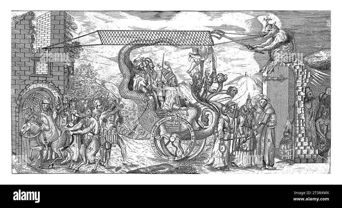 Die römische Himmelfahrt, 1621, anonym, 1621 die römische Himmelfahrt, 1621. Cartoon, in dem ein Wagen, der von der siebenköpfigen Bestie gebildet wurde, den Papst führt. Stockfoto