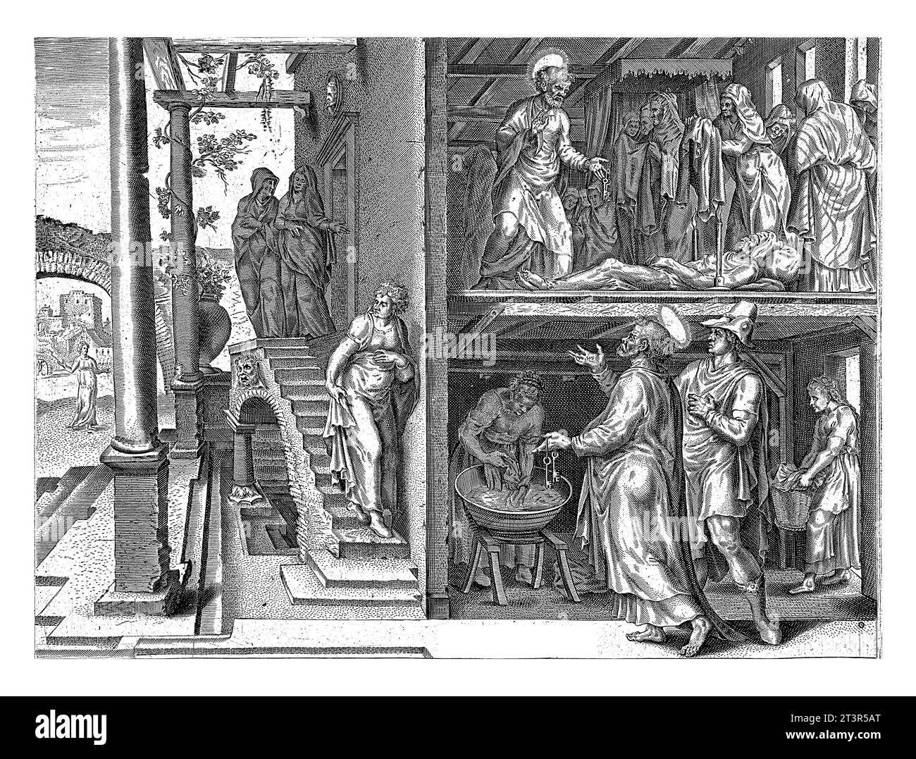 Erziehung der Tabita von Peter in Joppe, anonym, nach Philips Galle, nach Maarten van Heemskerck, 1646 im Vordergrund, der Apostel Peter wird gefragt Stockfoto