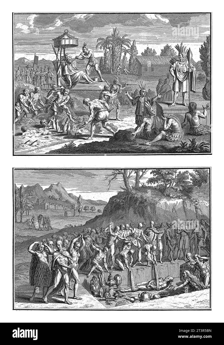 Peruanische Bestattungsrituale, Bernard Picart (Werkstatt), 1722 Blatt mit zwei Darstellungen peruanischer Bestattungsrituale. Stockfoto