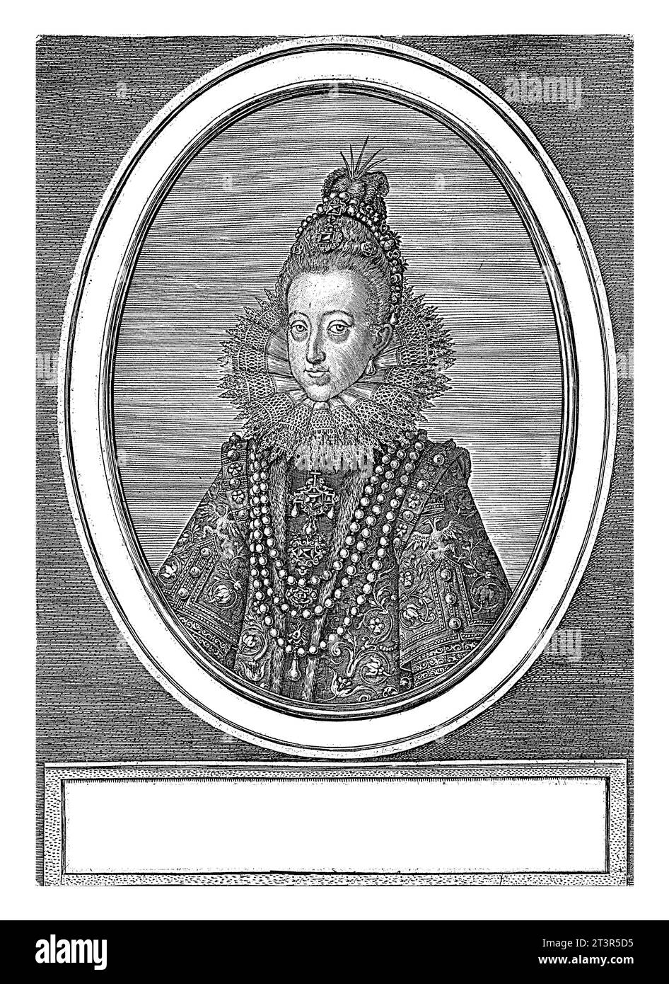 Porträt von Margarete von Österreich, Königin von Spanien, Johannes Wierix, 1601 im Rahmen eine vierzeilige Unterschrift in lateinischer Sprache, Vintage-Gravur. Stockfoto