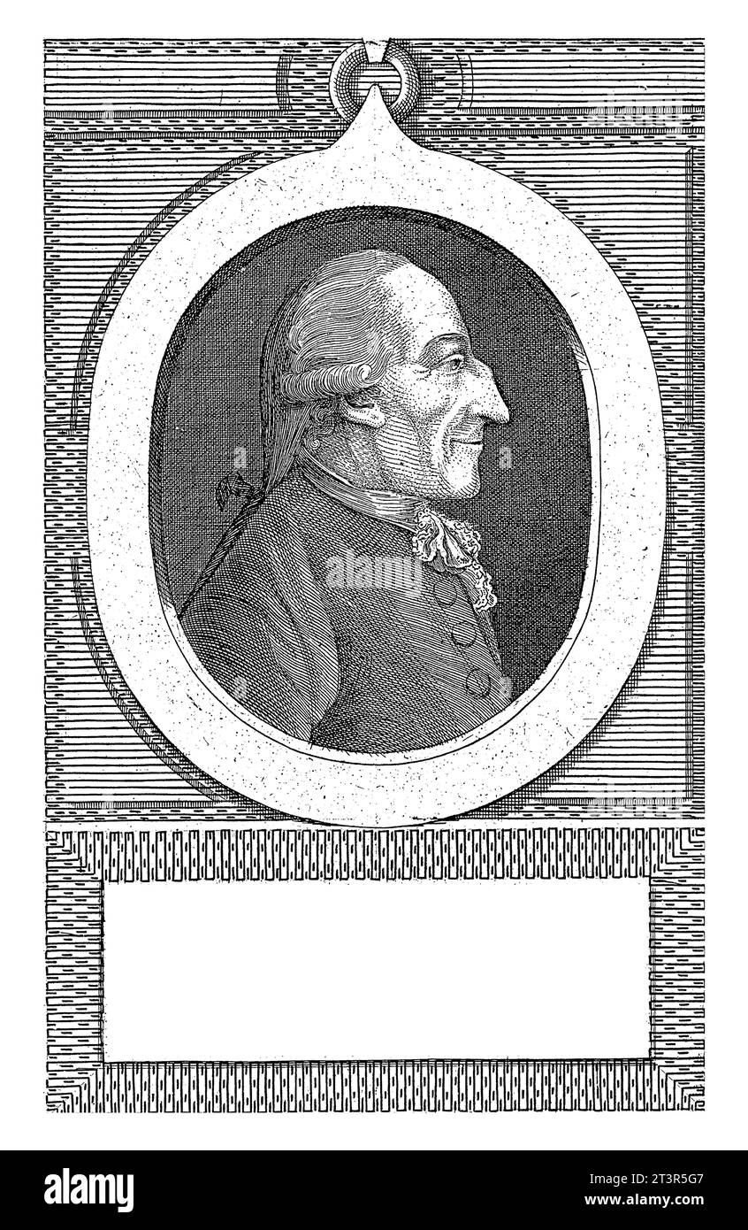 Porträt von P.J.C. Beeckman, J. F. de La Rue, 1787 Porträt-Büste im Oval von P.J.C. Beeckman, Stadtrat von Saint-Gery. Stockfoto
