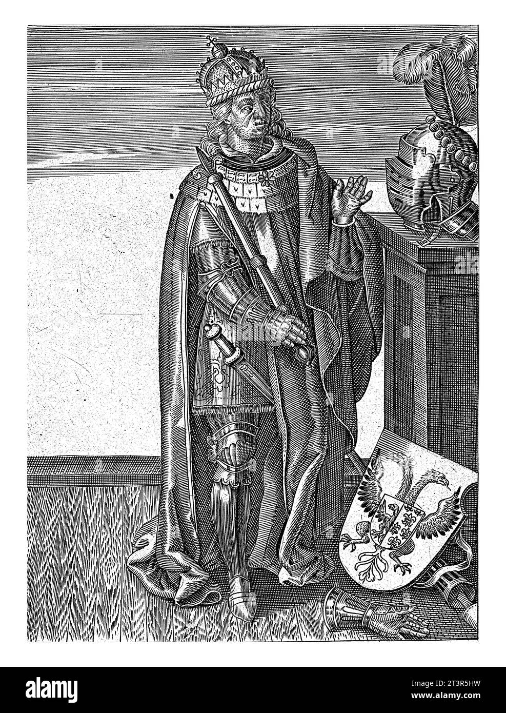 Porträt von Ludwig dem Frommen, anonym, 1600 Porträt von König Ludwig dem Frommen von Frankreich, Sohn Karls des Großen. Er steht zu seinen Füßen, in voller Rüstung. Stockfoto