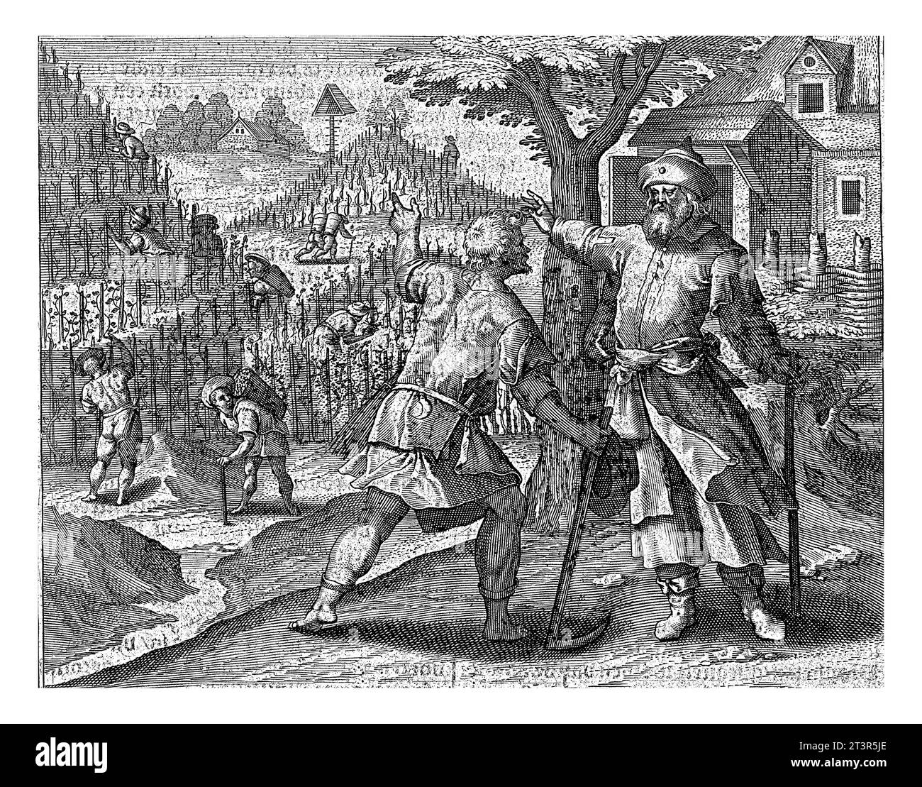 Gleichnis von den Arbeitern im Weinberg, Jan Collaert (II), nach Maerten de Vos, 1597 Eine Szene aus der Geschichte des Gleichnisses von den Arbeitern im Weinberg Stockfoto