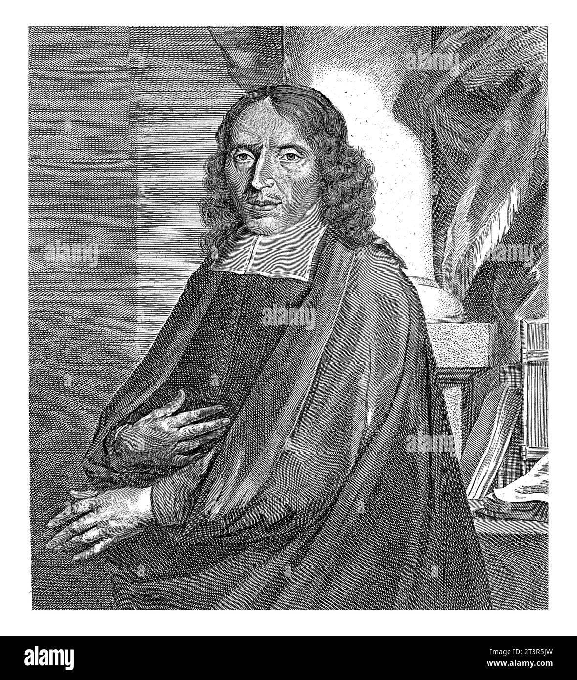 Porträt von Hero Sibersma, Jan de Visscher, 1668 - 1693 Hero Sibersma, friesischer Theologe und Pastor in Amsterdam. Der Druck enthält ein niederländisches Gedicht in Prais Stockfoto