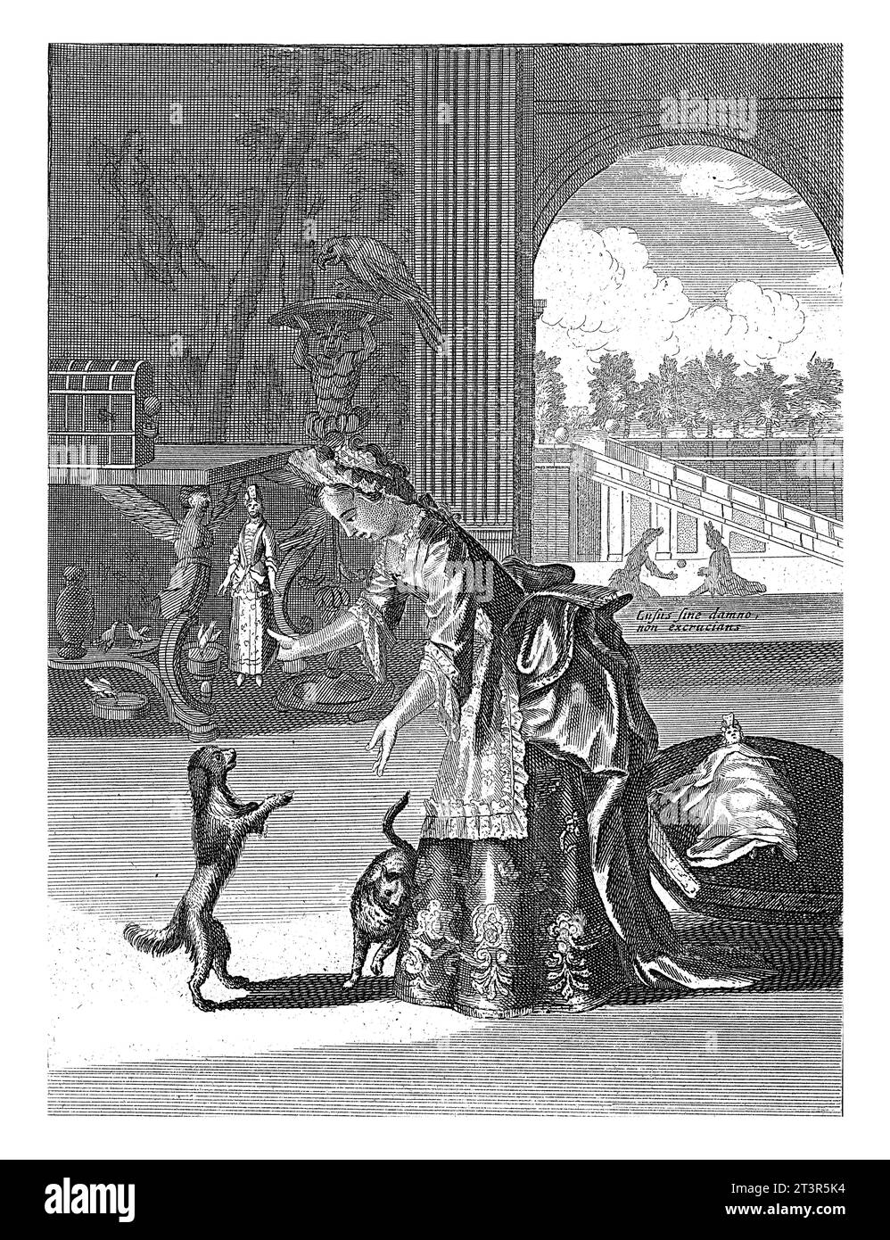 Mädchen, Pieter van den Berge (evtl.), nach Pieter van den Berge, 1694–1737 spielt Ein Mädchen mit ihren Puppen und Haustieren. Vor ihr steht ein Hund auf seinem h Stockfoto