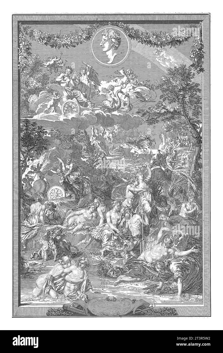 Allegorische Titelseite mit verschiedenen Szenen aus Ovids Metamorphosen und seinem Porträt Bernard Picart 1731 allegorische Darstellung mit verschiedenen sc Stockfoto