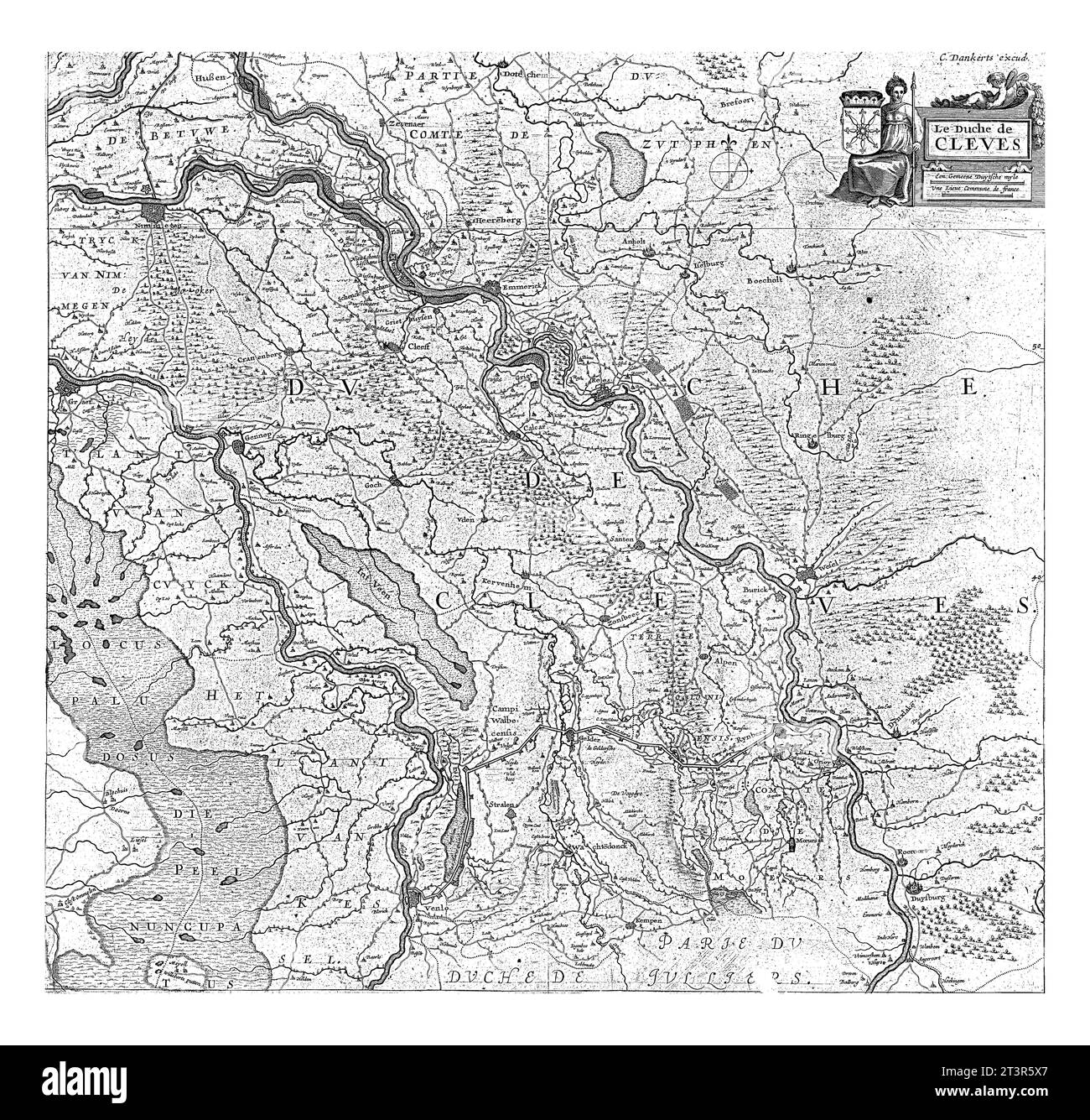 Karte des Herzogtums Kleve, Cornelis Danckerts, 1600 - 1699 Karte des Herzogtums Kleve mit den vielen Orten im Rheinbecken, aber auch Städten und Teufel Stockfoto