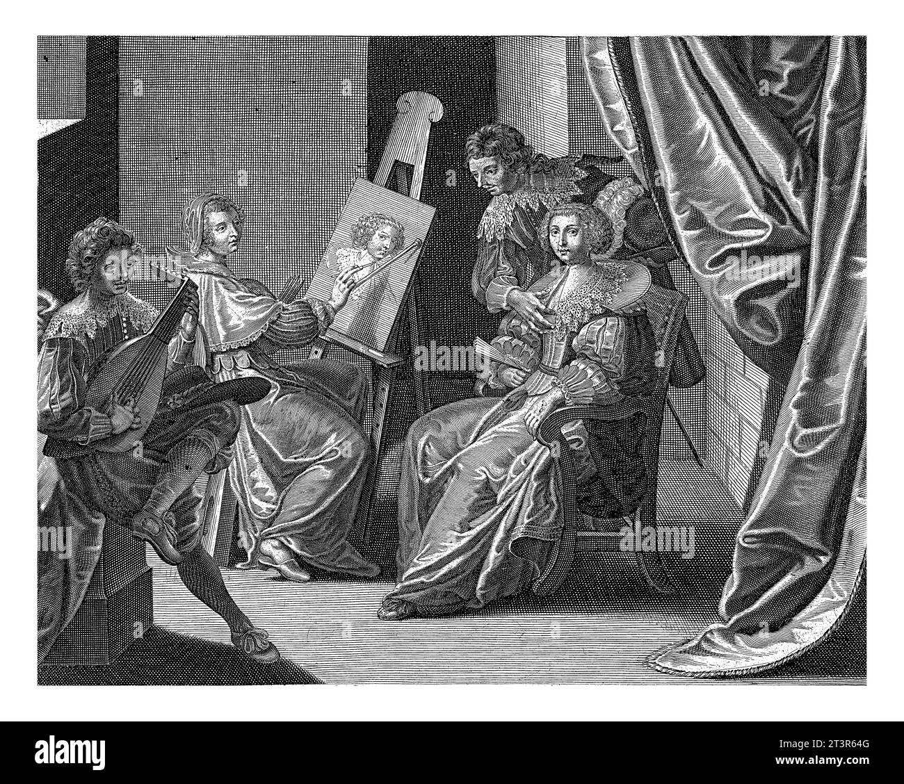 Galante Firma im Atelier des Malers, Gilles Rousselet, nach Jean Lis, 1620 - 1686, Vintage graviert. Stockfoto