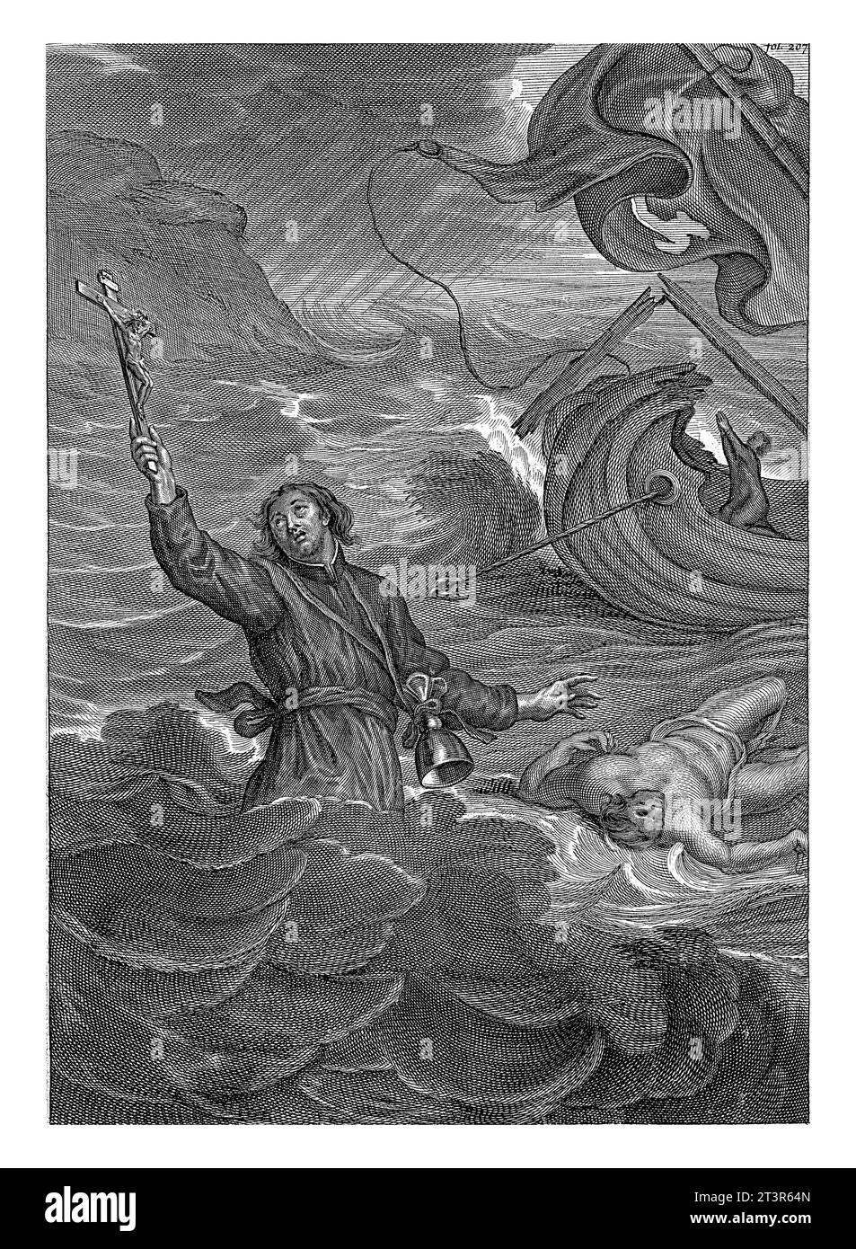 Ertränkender Tod von Cornelis Sylvius, Gaspar Bouttats, 1650–1695 der Druck zeigt den heldenhaften Tod des Jesuiten Cornelis Sylvius. Mitten in einer Straße Stockfoto