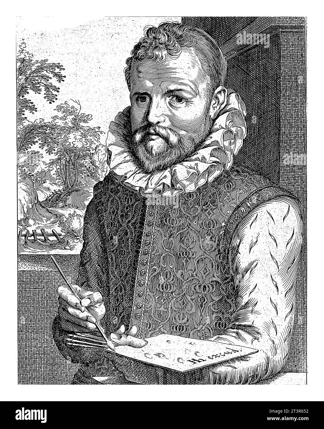 Porträt von Gillis Mostaert, Simon Frisius, 1610 Halbformat links von Gillis Mostaert. Unter dem Porträt befinden sich der Name und vier Zeilen in La Stockfoto