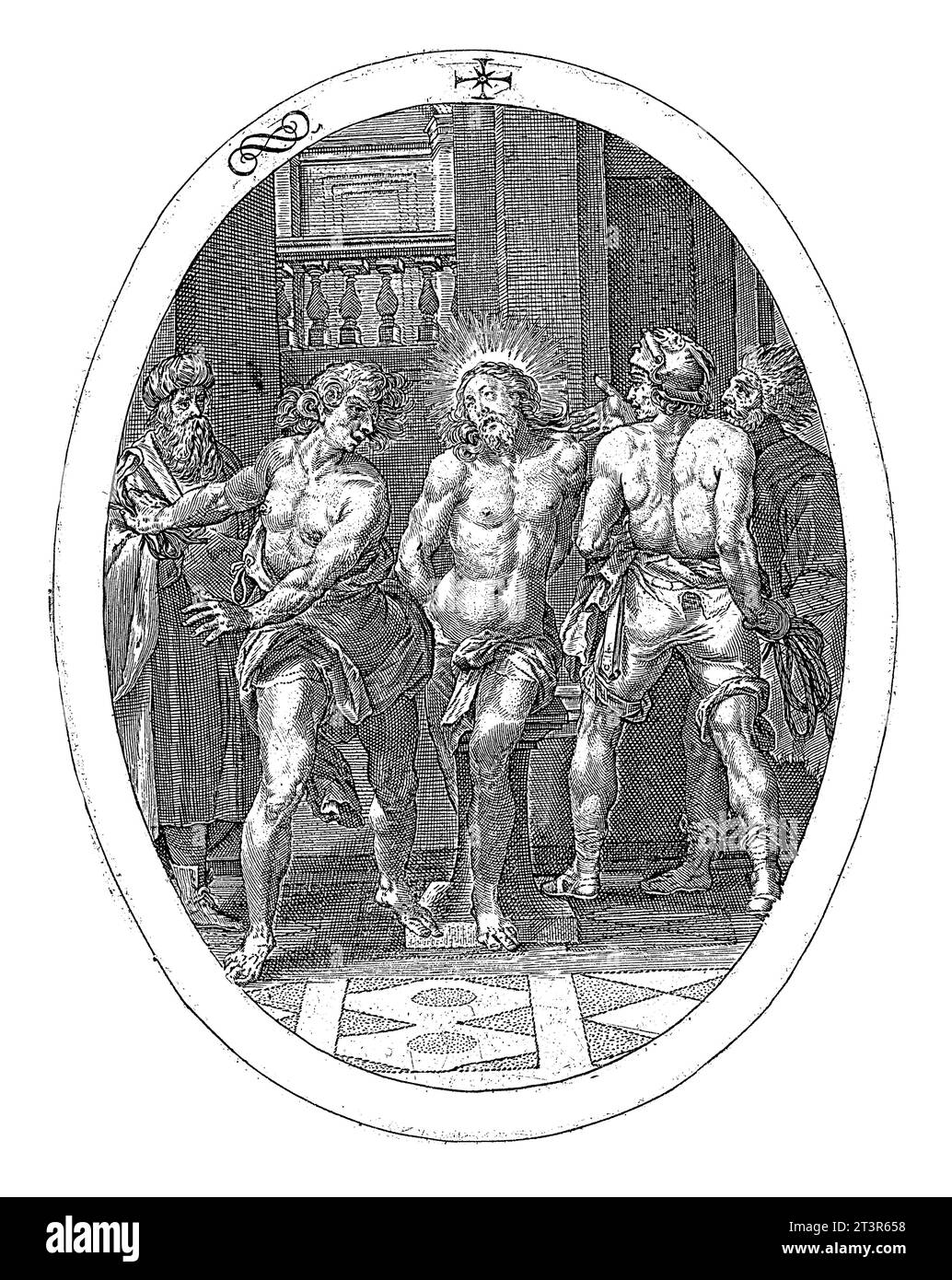 Die Auspeitschung Christi, Crispijn van de Passe (I), 1600 Christus, an eine Säule gebunden, wird von Soldaten ausgepeitscht. Pilate steht in der linken Ecke und sieht zu. Stockfoto
