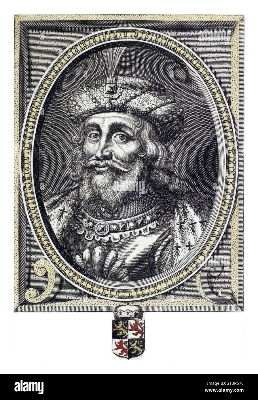 Porträt von Johann III., Herzog von Brabant und Lothringen. Am Rand befinden sich Wappen und eine sechszeilige Beschriftung mit biografischen Informationen in französischer Sprache. Stockfoto