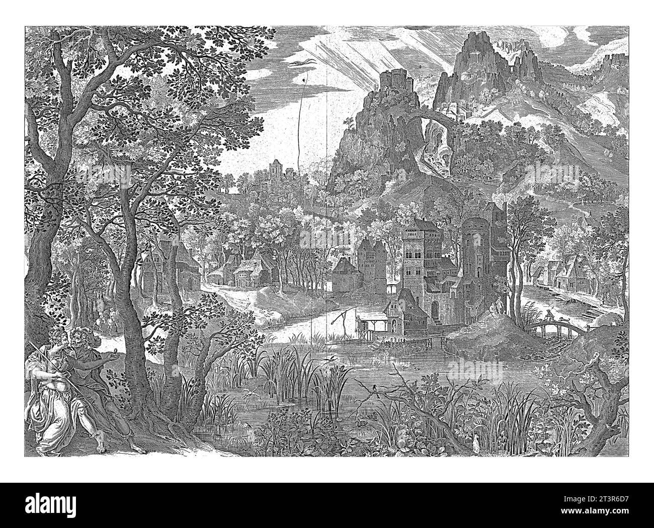 Landschaft mit Juda und Tamar, anonym, nach Nicolaes de Bruyn, nach Gilles van Coninxloo (II), nach Maerten de Vos, 1630–1702 Mountain Landse Stockfoto