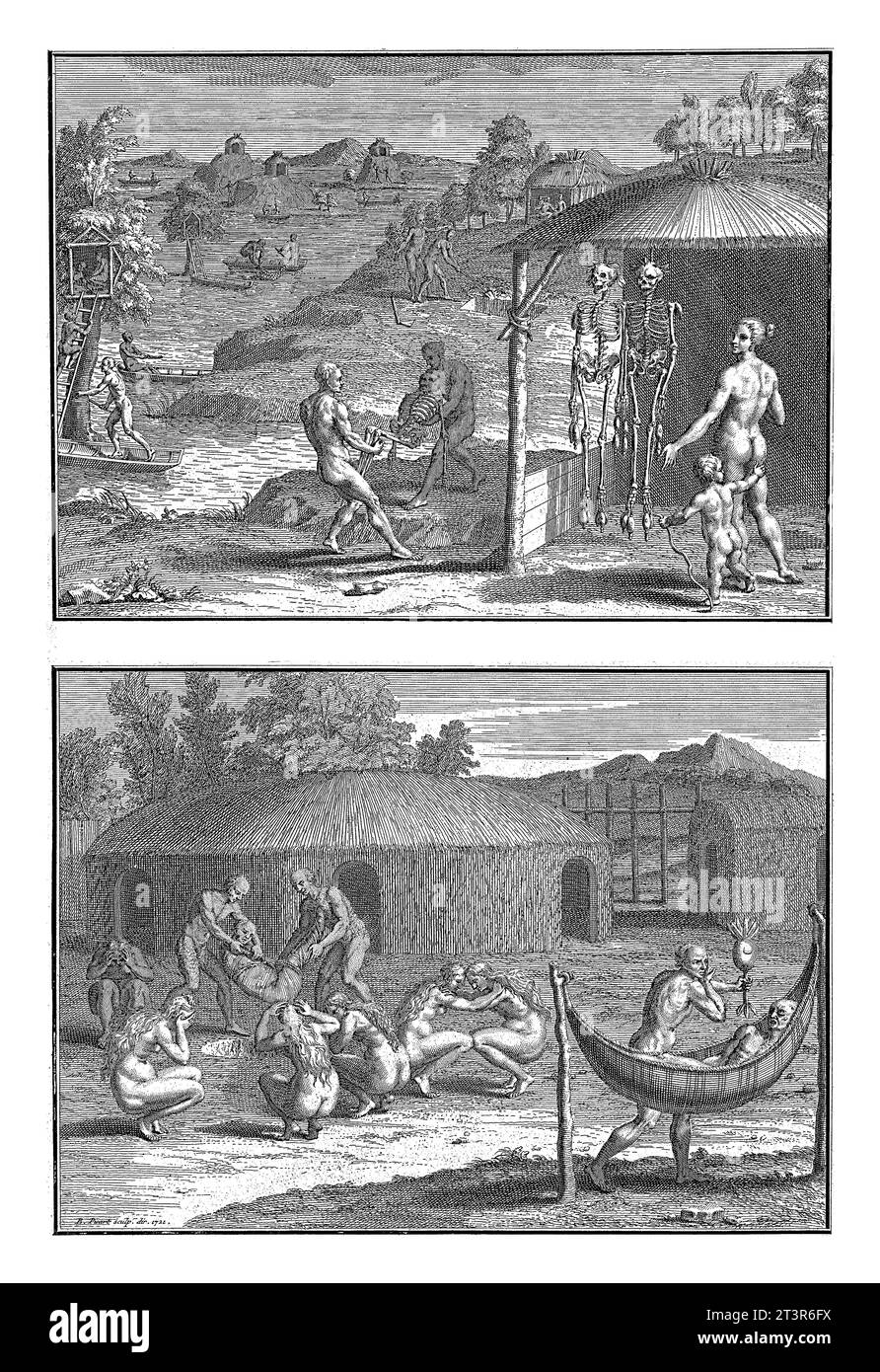 Venezolanische und brasilianische Beerdigungsrituale, Bernard Picart (Werkstatt), 1721 Magazin mit zwei Darstellungen venezolanischer und brasilianischer Beerdigungsrituas Stockfoto