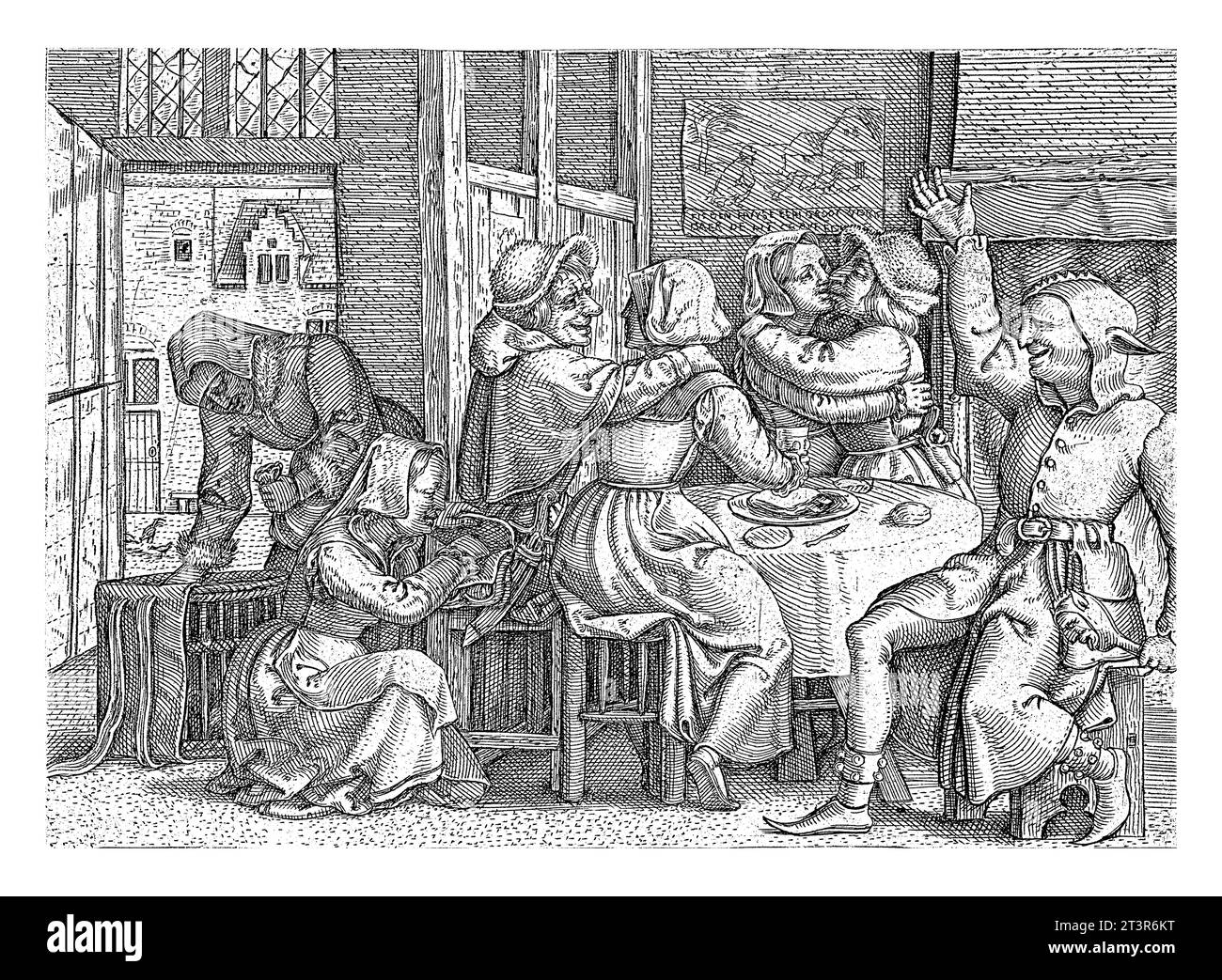 Zwei Paare in einem gasthaus, Cornelis Massijs, 1539 - 1544 in einem gasthaus sitzen zwei Männer und zwei Frauen liebevoll an einem runden Tisch. In der Zwischenzeit zwei andere Frauen Stockfoto