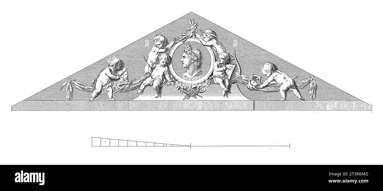 Tympanon der Fassade des Amsterdamer Theaters, Reinier Vinkeles (I), nach Jacob Eduard de Witte, 1774 Medaillon mit dem Bildnis von Apollo, Surro Stockfoto