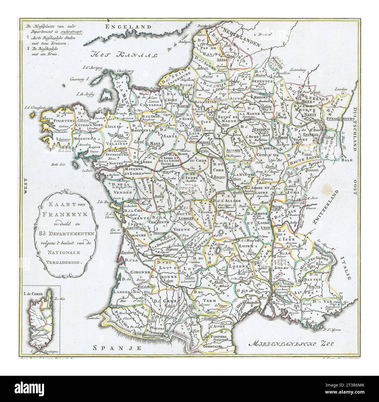 Karte von Frankreich, Jan van Jagen, 1792 Karte von Frankreich und Korsika mit den einzelnen Departements, eingerahmt mit gelber, grüner, rosa und blauer Tinte. Stockfoto