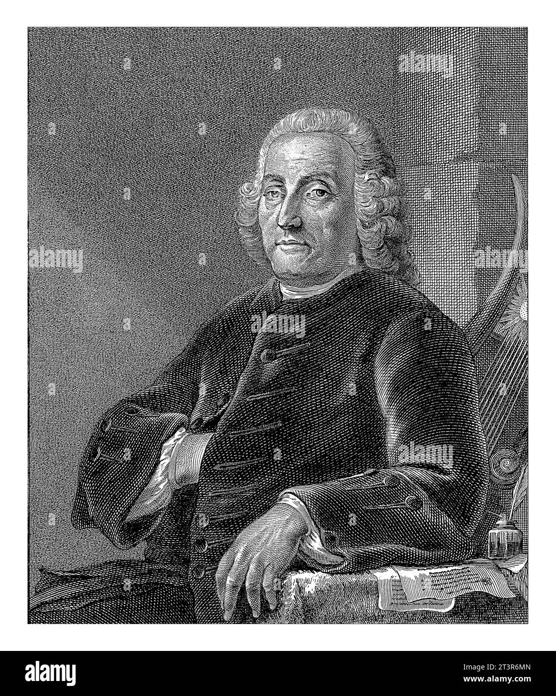 Porträt von Willem van der Pot, Reinier Vinkeles (I), nach Gerard van Nijmegen, 1768 Porträt des Dichters Willem van der Pot. Sein Arm liegt auf einem Tisch Stockfoto