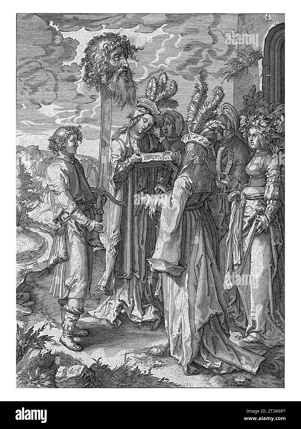 Frauen von Israel singen Davids Triumph, Pierre Firens, nach Jan Saenredam, nach Lucas van Leyden, 1600–1639 David steht mit einer Gruppe von Sängern und Stockfoto