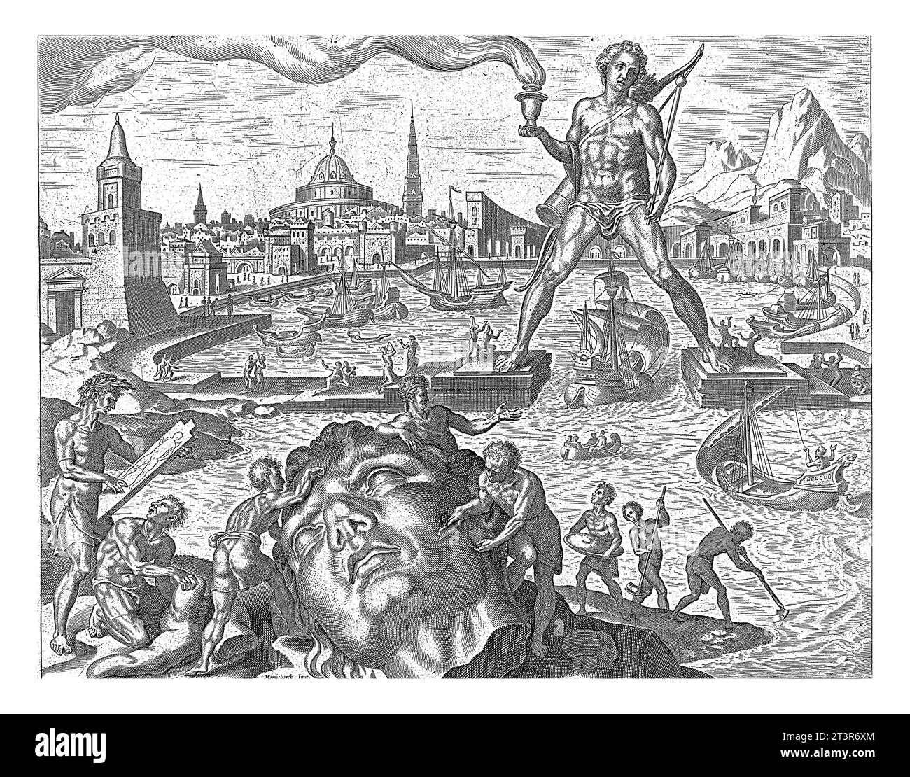 Koloss von Rhodos, Philips Galle, nach Maarten van Heemskerck, 1581–1633, steht die Bronzestatue von Helios, auch bekannt als Koloss von Rhodos Stockfoto