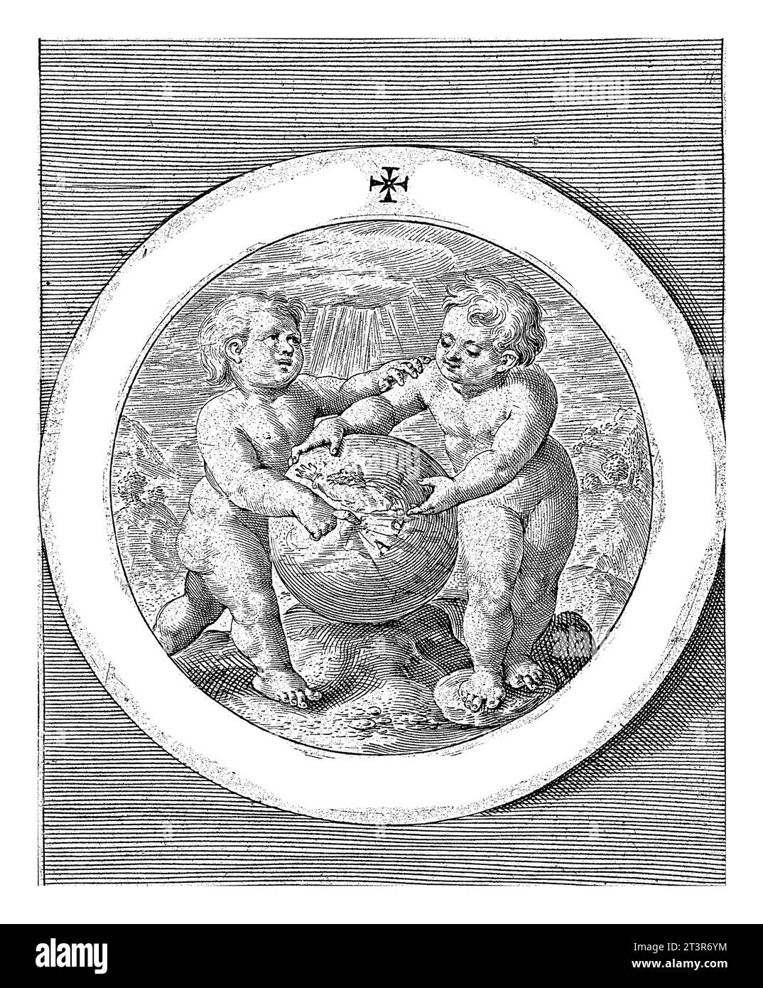 Zwei Putten mit einer Kugel, Crispijn van de Passe (I), 1594 Medallion mit zwei Putten mit einer Kugel. Gott, der Vater, wird auf der Erde dargestellt. Stockfoto