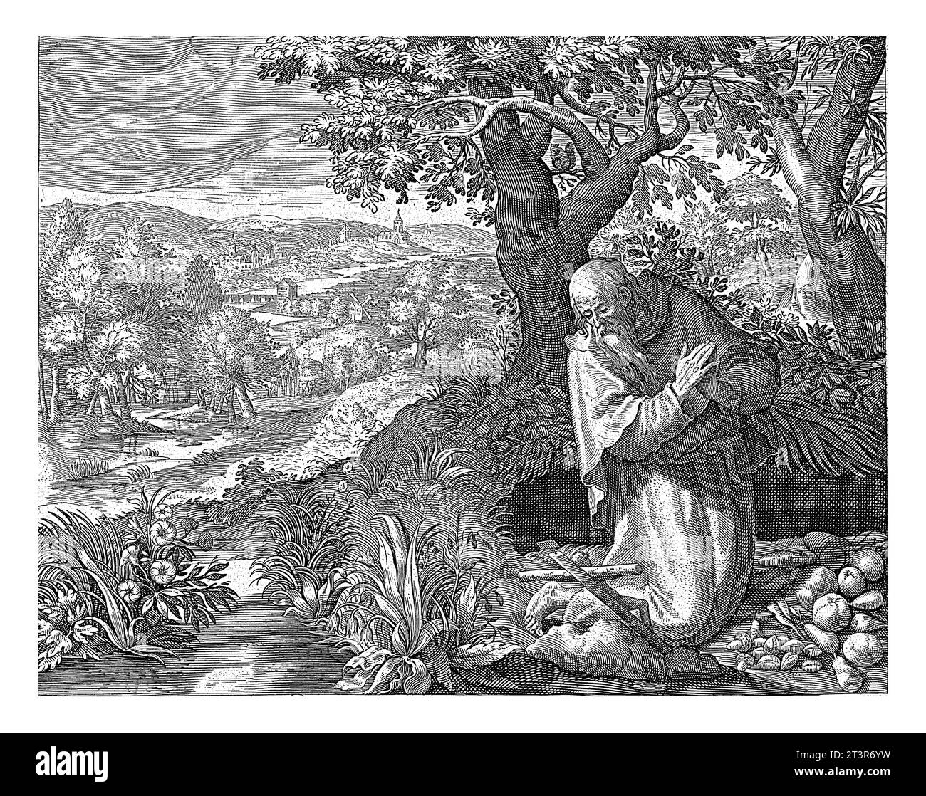 H. Franciscus, Jan van Londerseel, nach Maerten de Vos, 1601–1652, ging der Heilige Franziskus als Einsiedler im Wald zurück. Er kniet mit gefalteten Händen in f Stockfoto