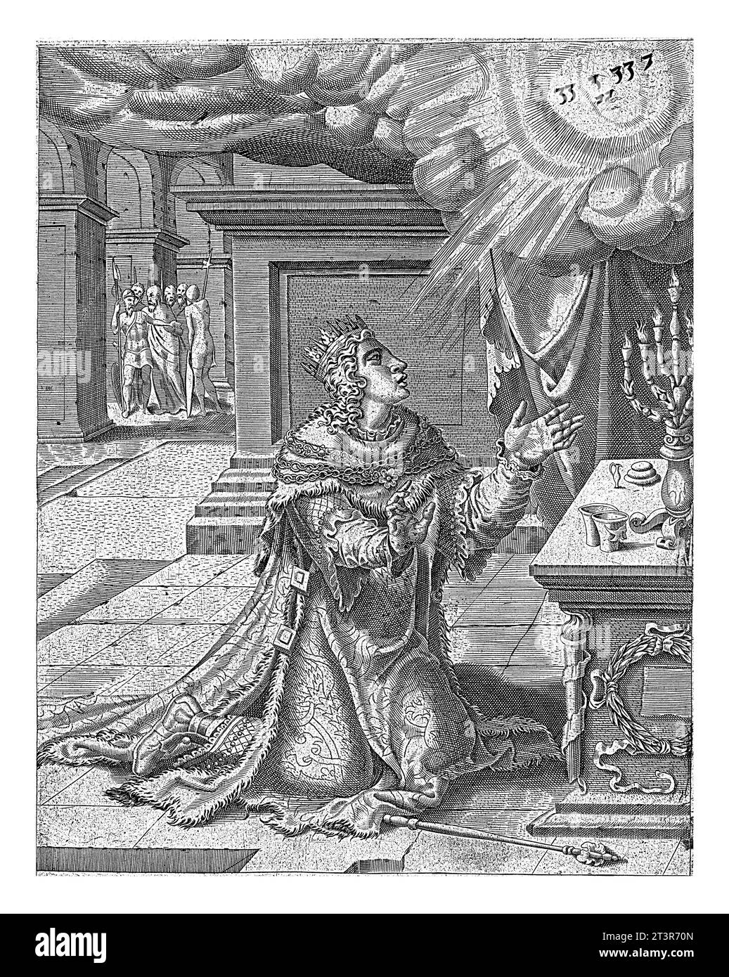 Salomo betet zu Gott um Weisheit, anonym, nach Maarten van Heemskerck, 1554–1595 König Salomo kniet und betet zu Gott um Weisheit. Im Hinterland Stockfoto