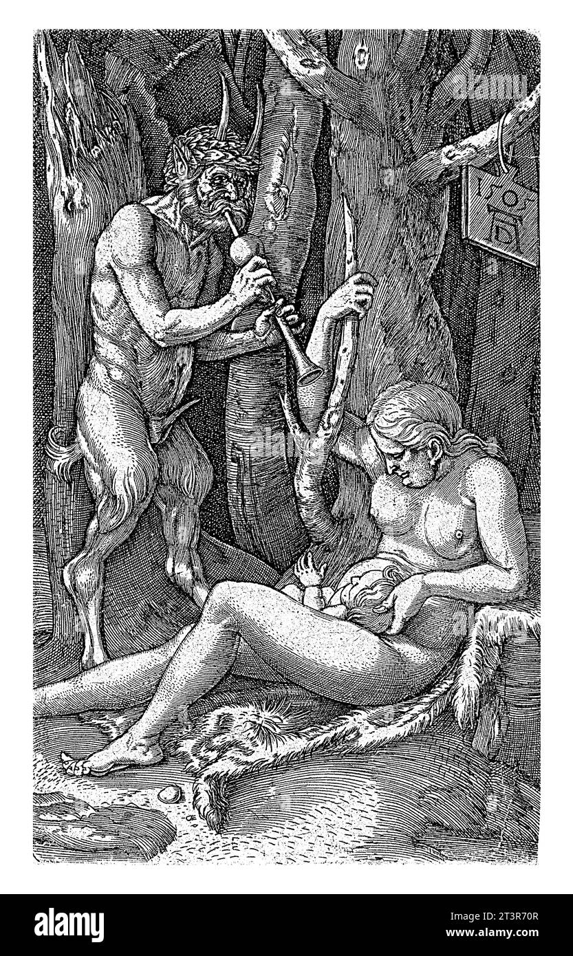 Die Satyrfamilie Hieronymus Wierix (zugeschrieben), nach Albrecht Durer, 1566 in einem Wald, spielt ein Satyr seine Flöte für eine Nymphe und ihr Baby. Stockfoto