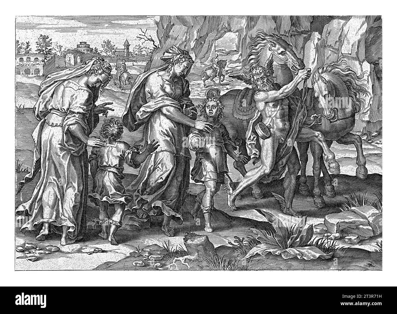 Jugend, Pieter Jalhea Furnius, nach Jan van der Straet, 1570 gehen zwei Erwachsene Frauen mit zwei Jungen an ihrer Seite nach draußen. Neben ihnen, Vater Time Walk Stockfoto