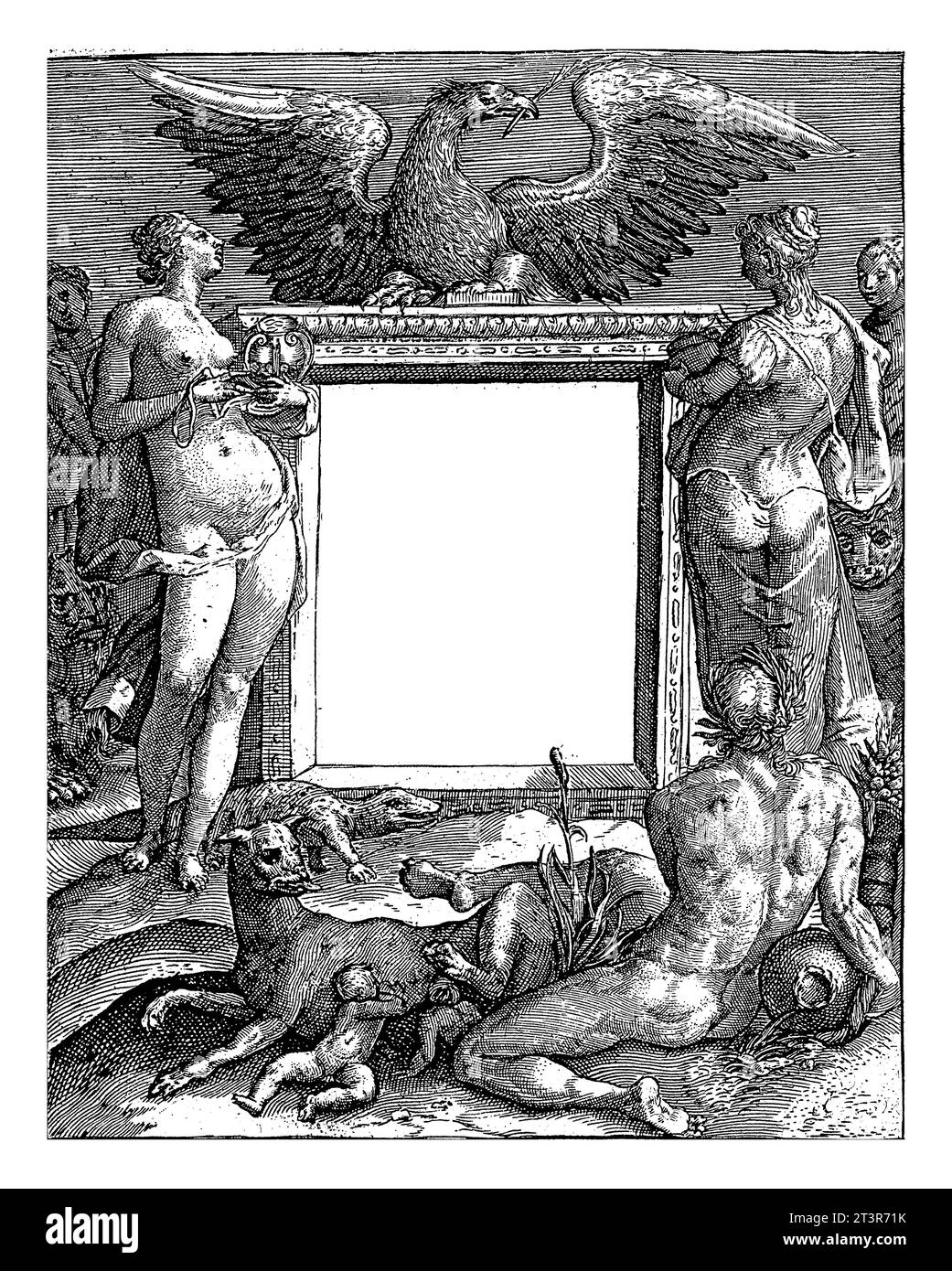 Titeldruck einer Serie mit deutschen Kaisern zu Pferd, Crispijn van de Passe (I), Altar von 1604 mit dem Titel der Serie in lateinischer Sprache. Stockfoto