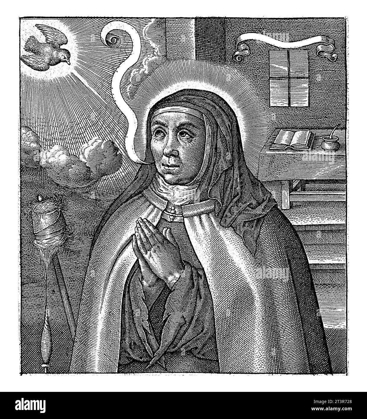 Heilige Teresa von Avila, Hieronymus Wierix, 1582–1619 Heilige Teresa von Avila faltete ihre Hände im Gebet. Neben ihr ein Spinnenrock. Sie schaut auf Th Stockfoto