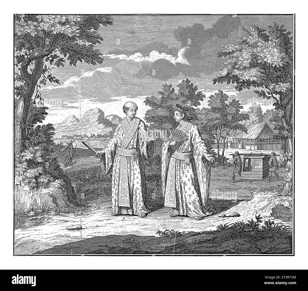 Landschaft mit einem japanischen Paar, Jan Caspar Philips, 1728 Landschaft mit einem japanischen Paar auf einer Landstraße. Im Hintergrund ein Pilger und zwei Männer Stockfoto