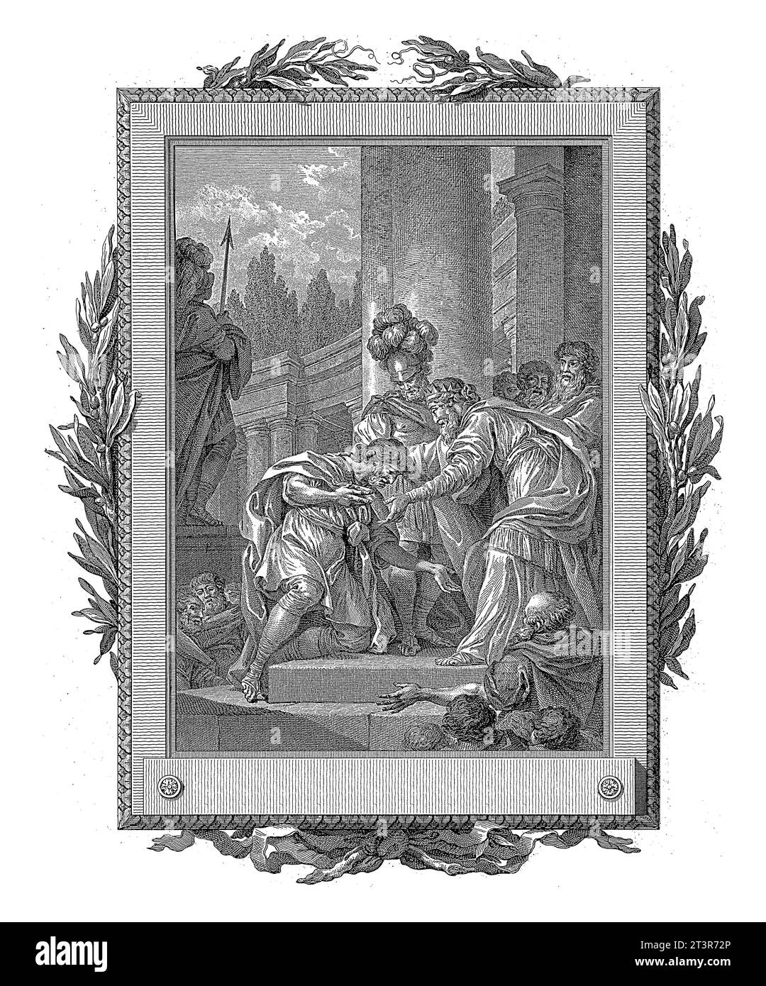 Philokles wird freundlicherweise von Idomeneus, Jean-Baptiste Tilliard empfangen, nachdem Charles Monnet 1785 Philokles vor Idomeneus auf der rechten Seite auf einem Hafen kniet Stockfoto