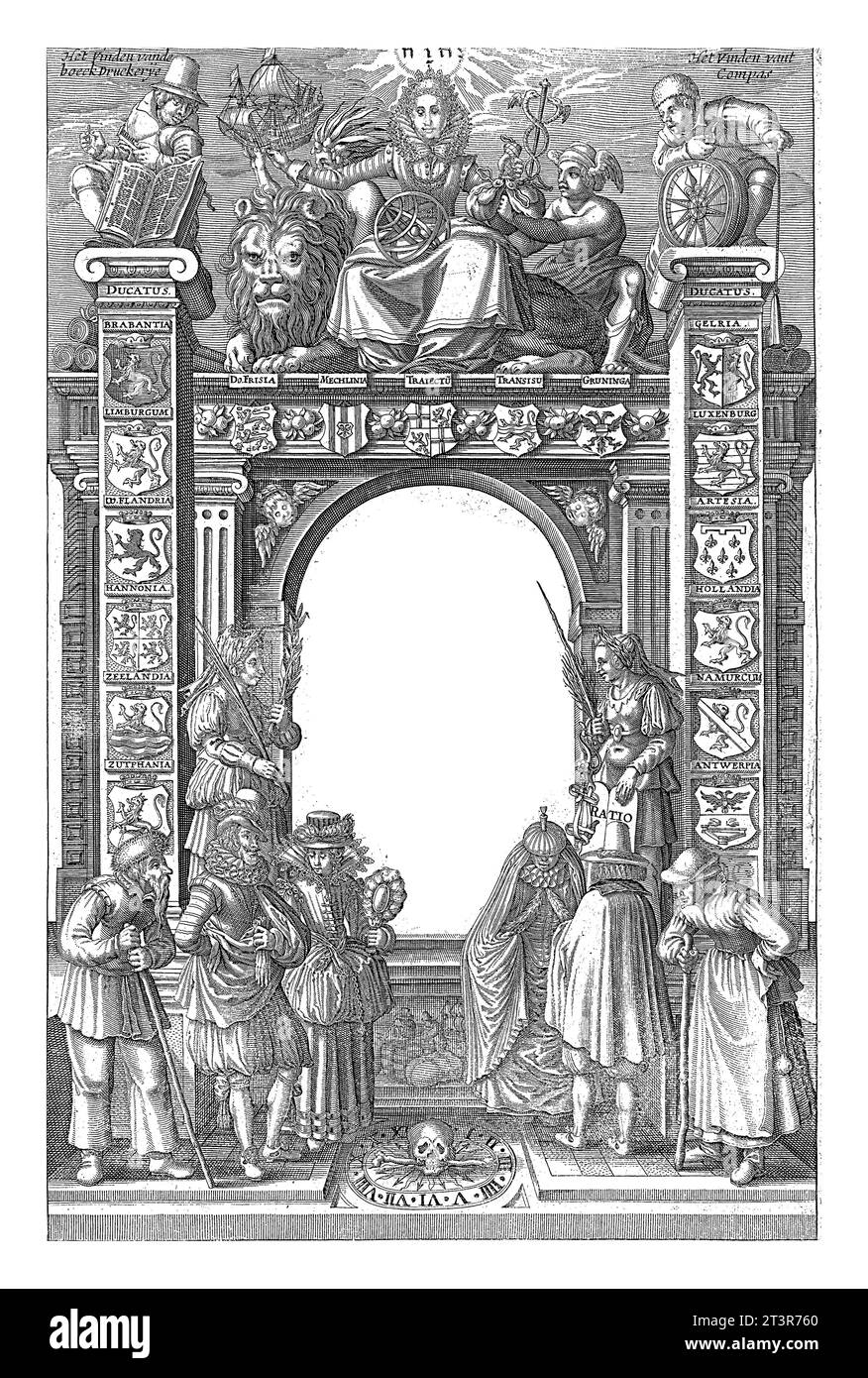 Titeldruck für Germania inferior, Pieter van der Keere, 1622 Titeldruck für Germania inferior mit einem Triumphbogen in der Mitte, flankiert von zwei Stockfoto
