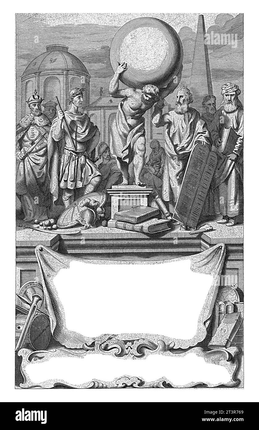 Biblische, mythologische und historische Figuren mit ihren Attributen stehen auf dem Sockel mit dem Titel Wouter Jansz. Binneman, 1668 der Hauptcharakter Stockfoto