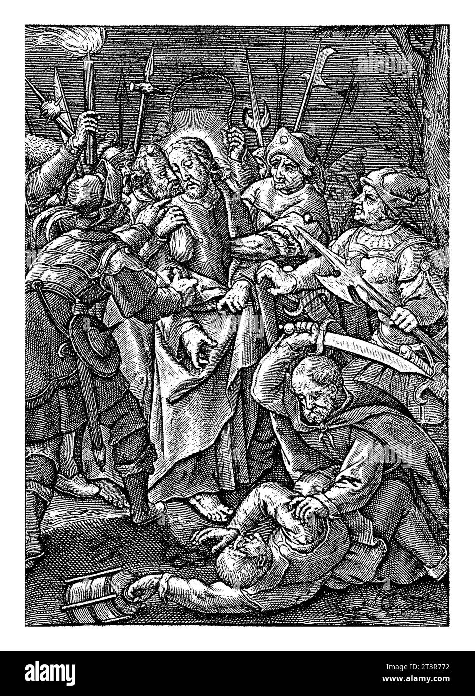Judas Kuss und Verhaftung Christi, Hieronymus Wierix, 1563 - vor 1619 küsst Judas Christus auf die Wange. Die Soldaten umzingeln ihn und verhaften ihn. Stockfoto