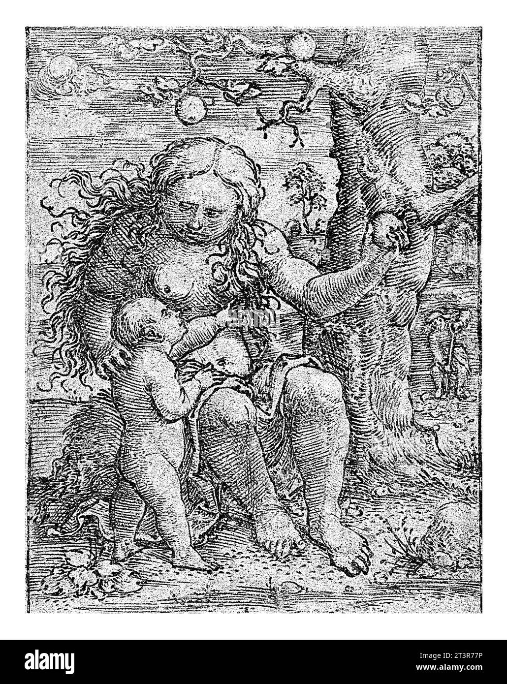 Eva und Cain, Dirck Vellert, 1522 Abend mit Apfel in der Hand, neben dem Baum. Kain lehnt sich auf ihr rechtes Knie und zeigt auf Apfel. Stockfoto