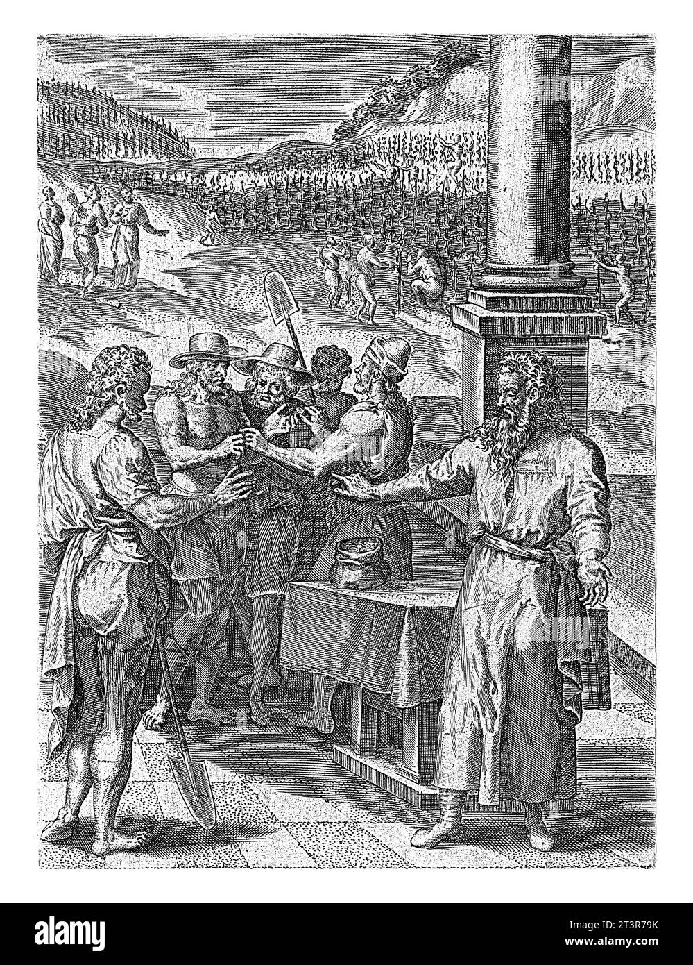 Gleichnis von den Arbeitern im Weinberg, Abraham de Bruyn, nach Crispijn van den Broeck, 1583 Buch Illustration für das Gleichnis von den Arbeitern im Weinberg Stockfoto