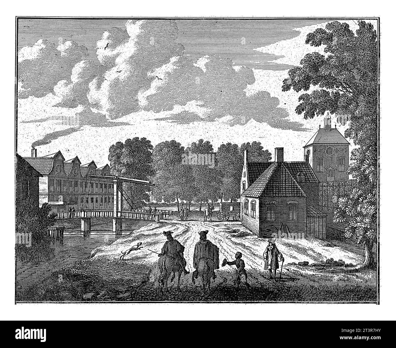 Straße mit Pferden auf Honselaarsdijk, Carel Allard (zugeschrieben), 1689–1702 Landschaft mit Straße, die zu einer Brücke führt. Auf der Straße zwei Fahrer und Wa Stockfoto